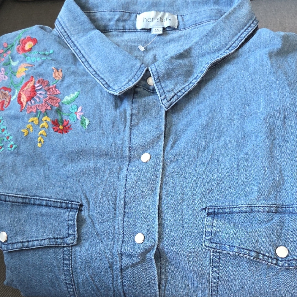Light Blue Denim Button-Down Shirt with Floral Embroidery